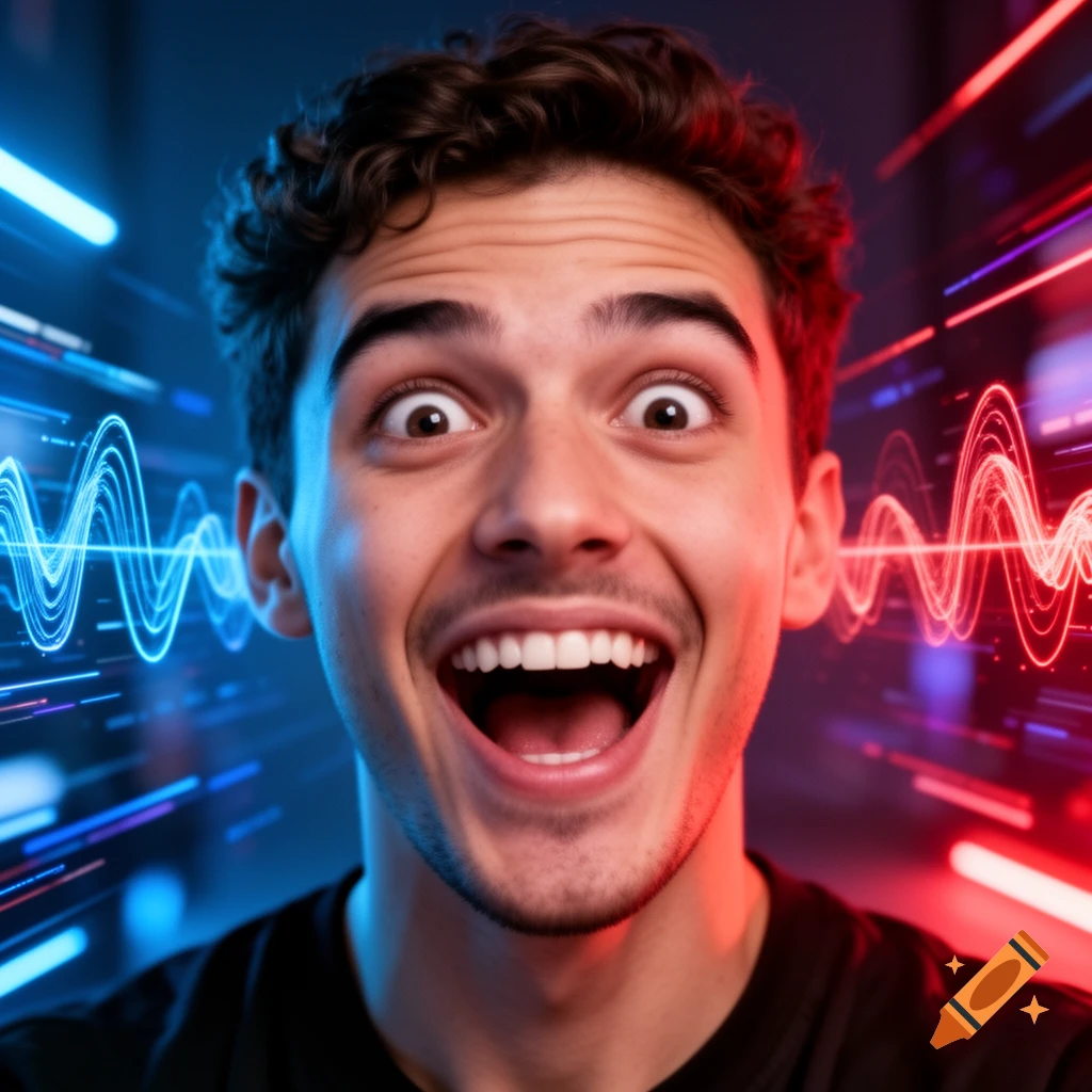 A close-up digital art portrait of a young man with a wide, excited expression, big eyes, and mouth open, flanked by glowing blue and red sound wave patterns.