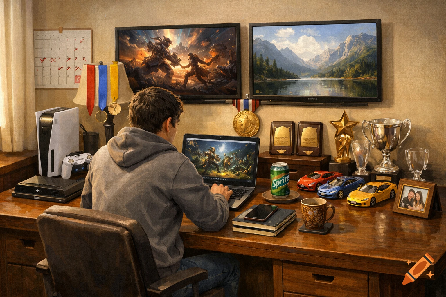 A person sits at a wooden desk, playing a video game on a laptop. Two TVs display games and landscapes. Medals, trophies, toy cars, and a Sprite can are arranged on the desk.