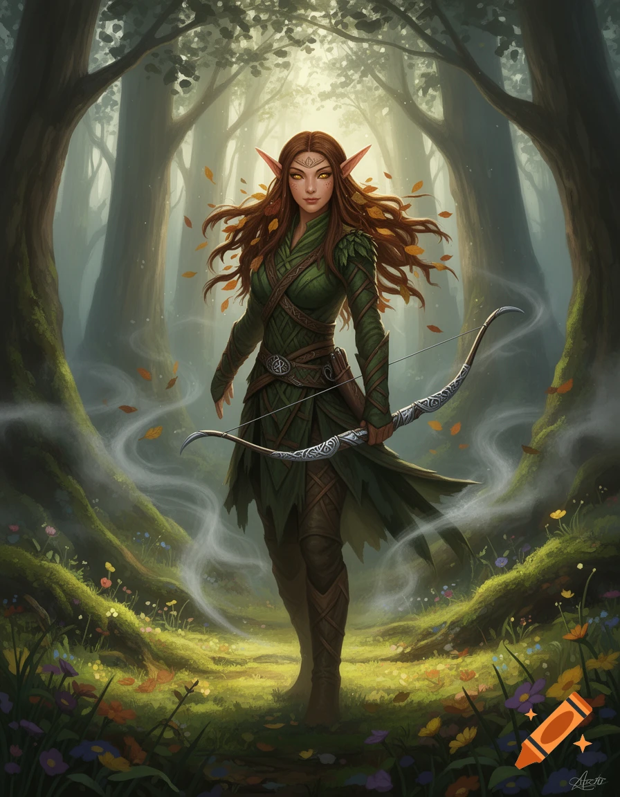 A female wood elf ranger with gold eyes and brown hair stands in an enchanted forest, holding a bow. Digital painting.