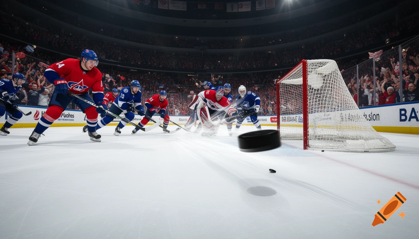 A photorealistic image of an ice hockey game with players in red and blue jerseys, a goalie, and a puck flying towards the net.