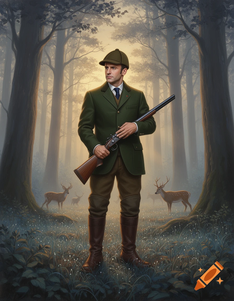 A photorealistic portrait of a hunter with a rifle in a misty forest with deer.