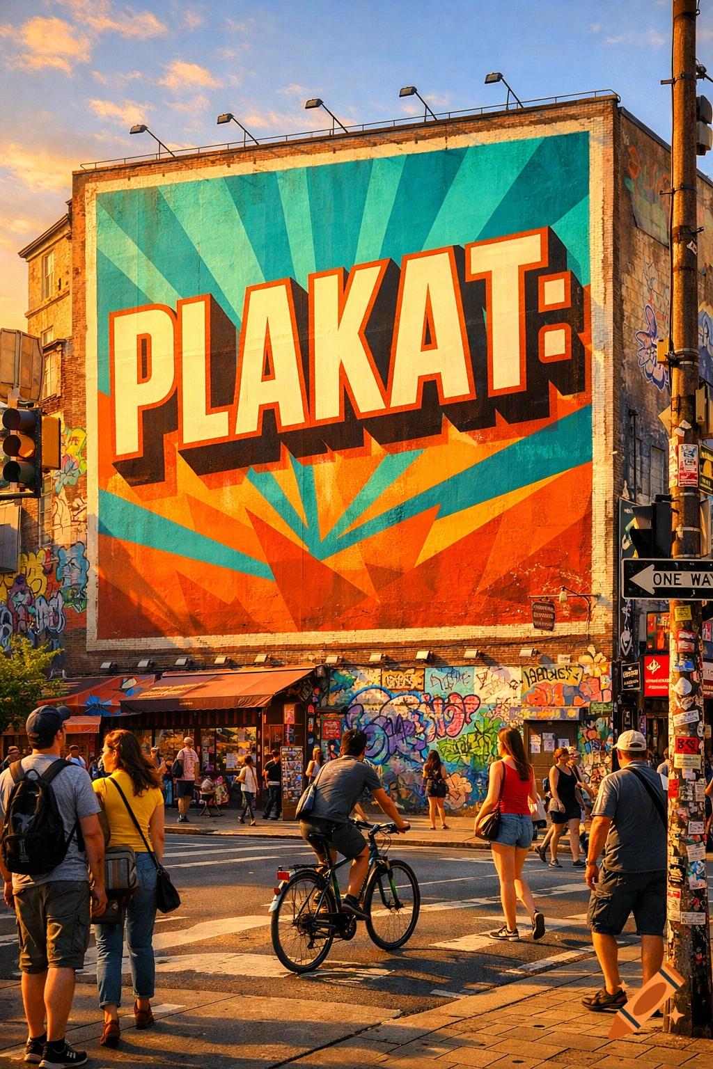 A vibrant urban street scene at sunset features a large mural displaying "PLAKAT:", with people and a cyclist crossing a road.