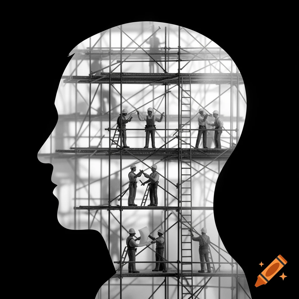 Black and white conceptual art of a human head silhouette with miniature construction workers building a multilevel frame inside.