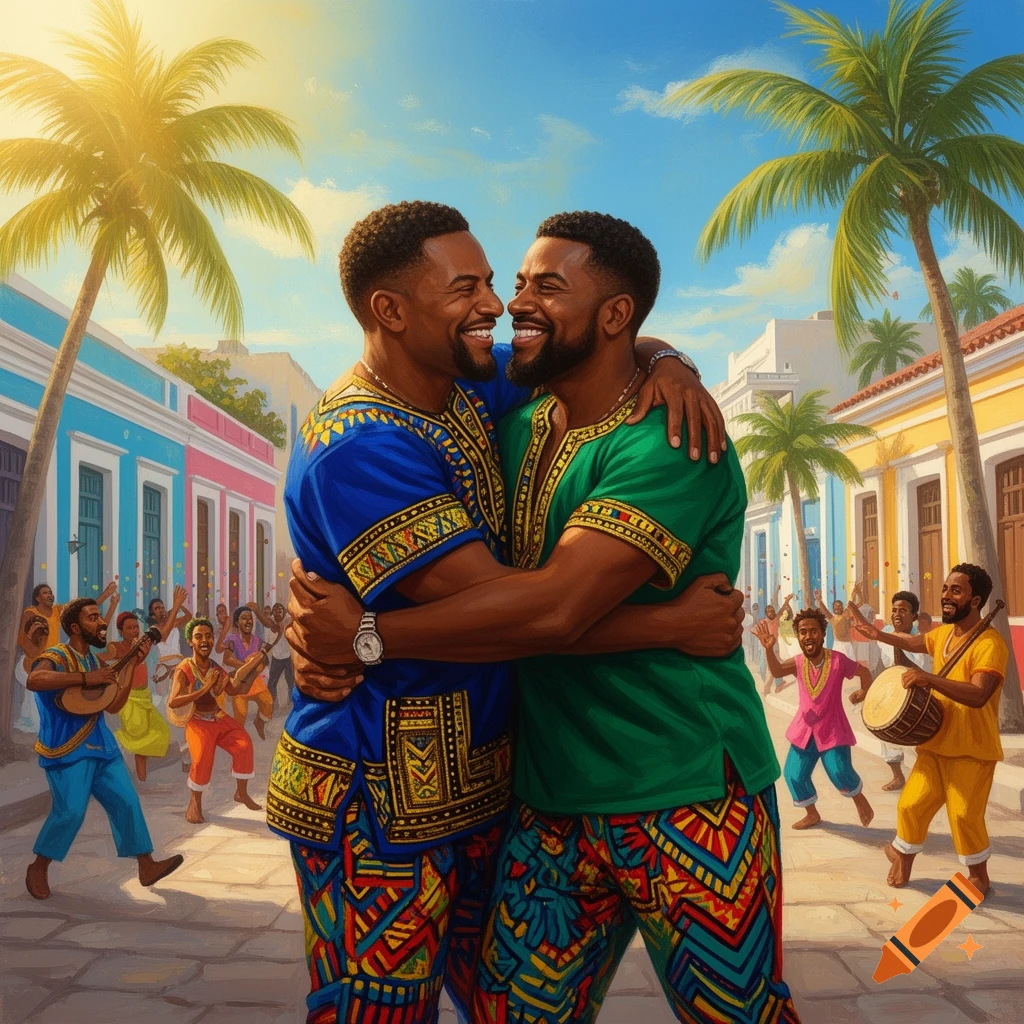 Two smiling Black men embrace in a vibrant, sunlit street with colorful buildings, palm trees, and a festive crowd dancing with instruments.