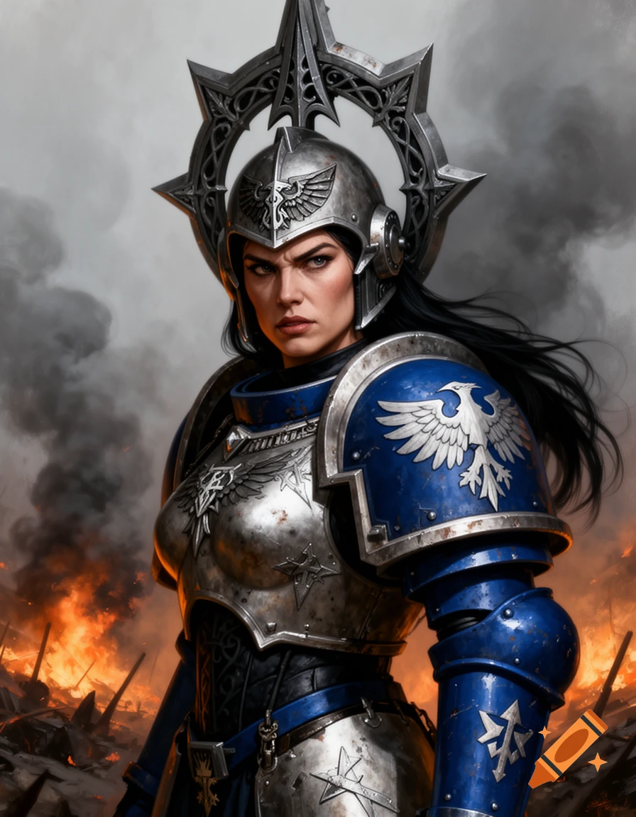 A female warrior in intricate silver and blue futuristic armor with an ornate helmet and dark hair, standing amidst a fiery battlefield.