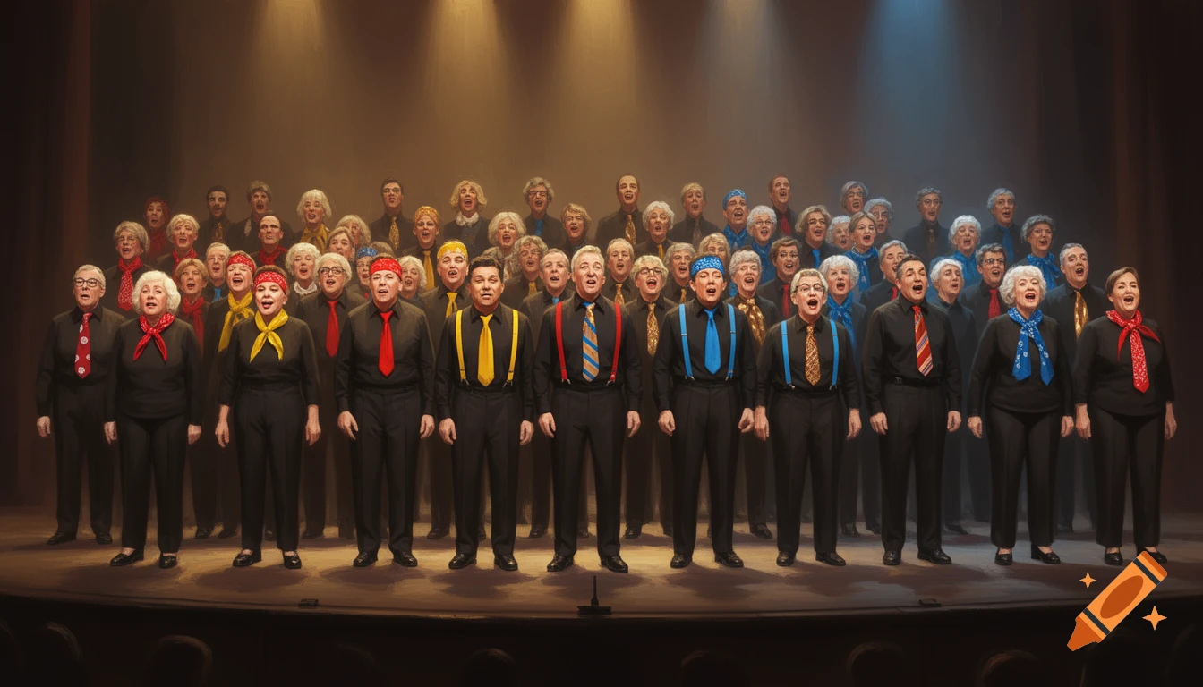 A large choir of adults in black attire with colorful accessories sings on a softly lit stage.