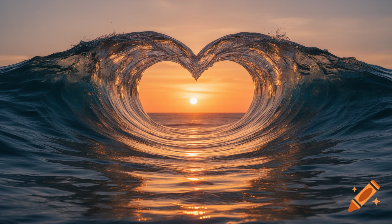 Photorealistic image of ocean waves forming a perfect heart shape around a vibrant sunset.