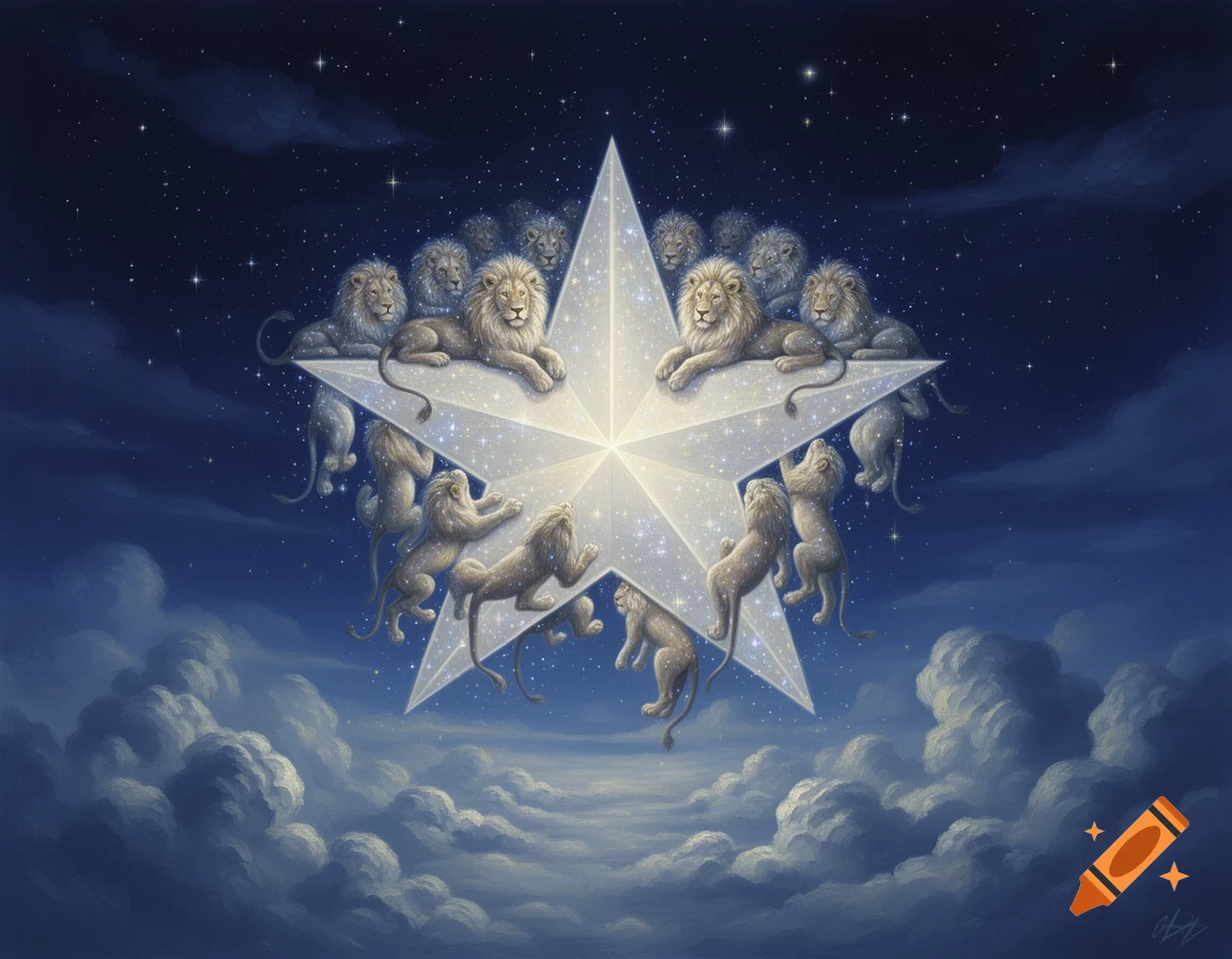 Many lions on a glowing white star against a dark, starry night sky with fluffy clouds below, painted style.