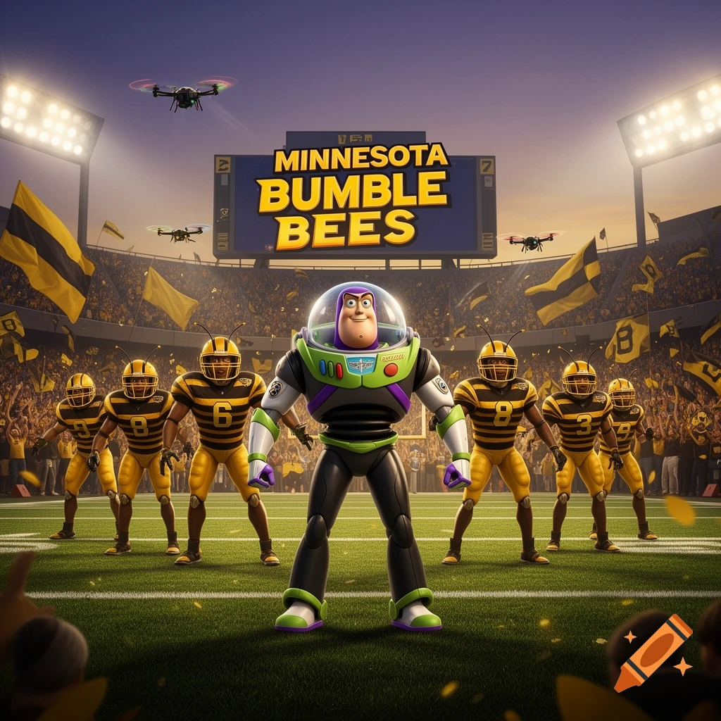 Buzz Lightyear stands with bee-themed football players on a field in a stadium under a scoreboard displaying 'MINNESOTA BUMBLE BEES'.