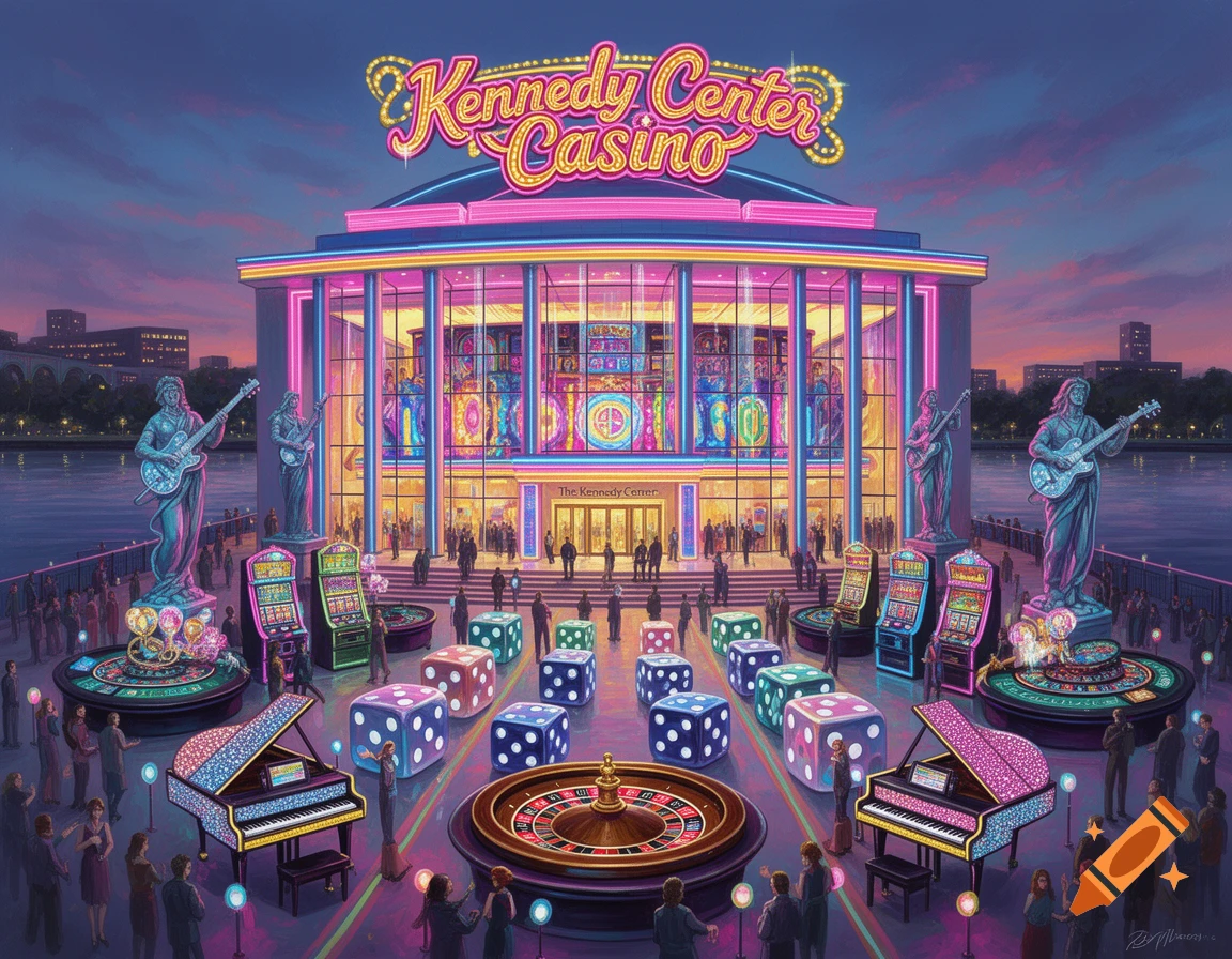 A vibrant, surreal painting of the Kennedy Center as a neon-lit casino, with slot machines, large dice, roulette, pianos, and people at sunset.