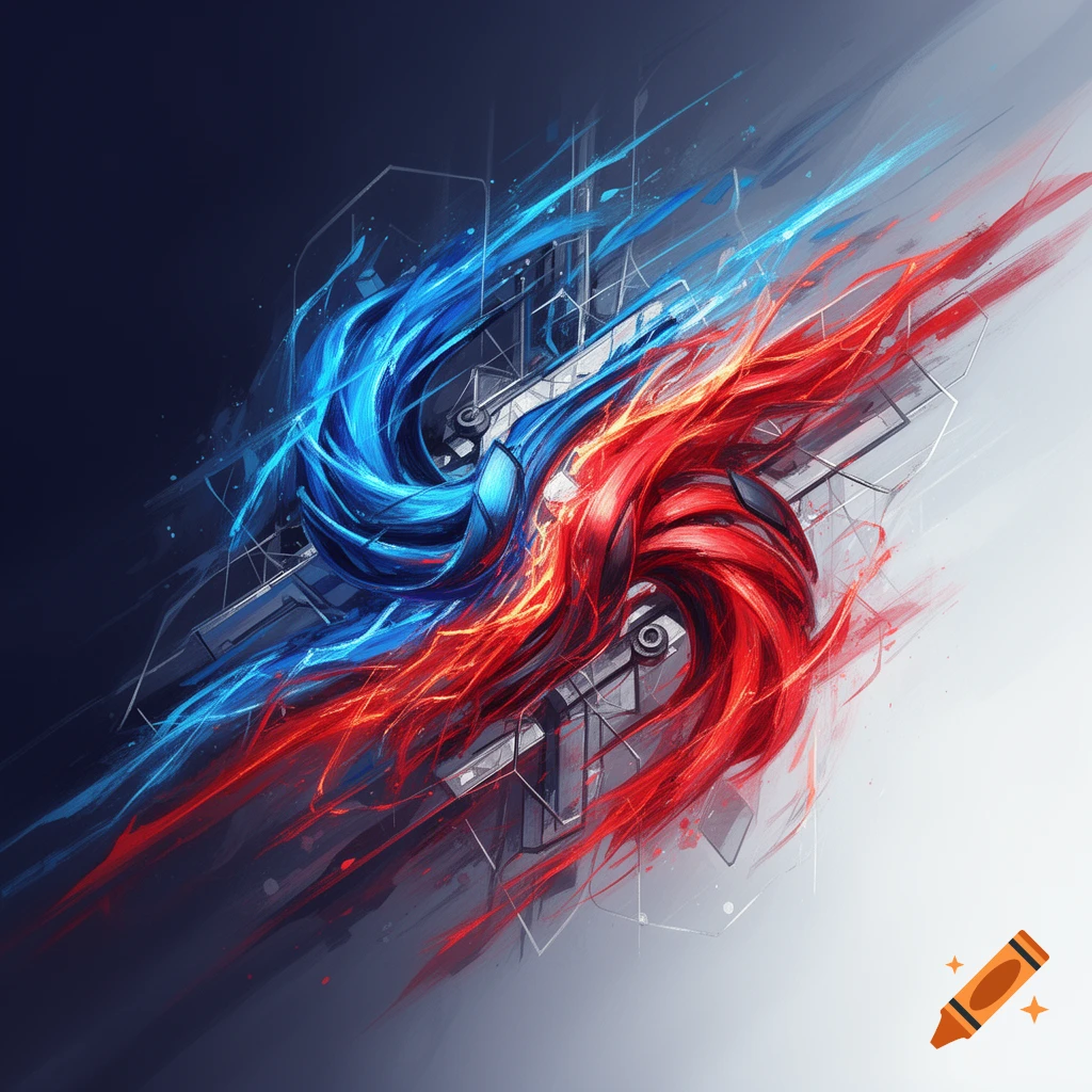Abstract digital art featuring swirling red and blue energy streaks against a gradient background.