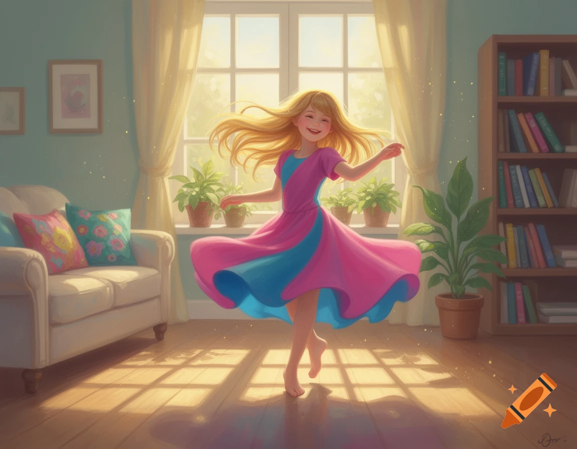 Cheerful blonde girl in a pink and blue dress dances barefoot in a sunny living room, light streaming through the window.