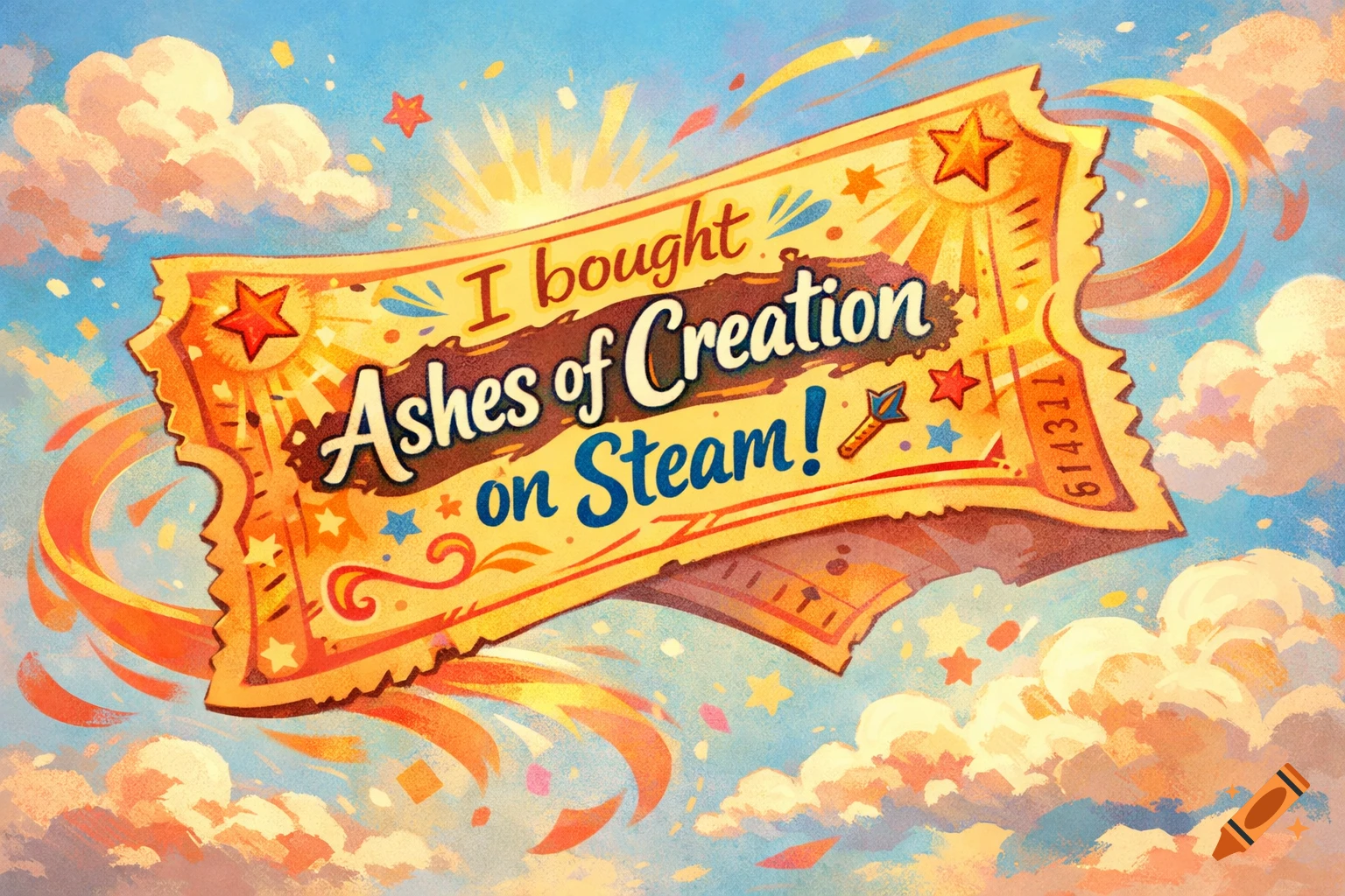 A stylized golden ticket saying 'I bought Ashes of Creation on Steam!' floats in a bright blue sky with fluffy clouds and stars.