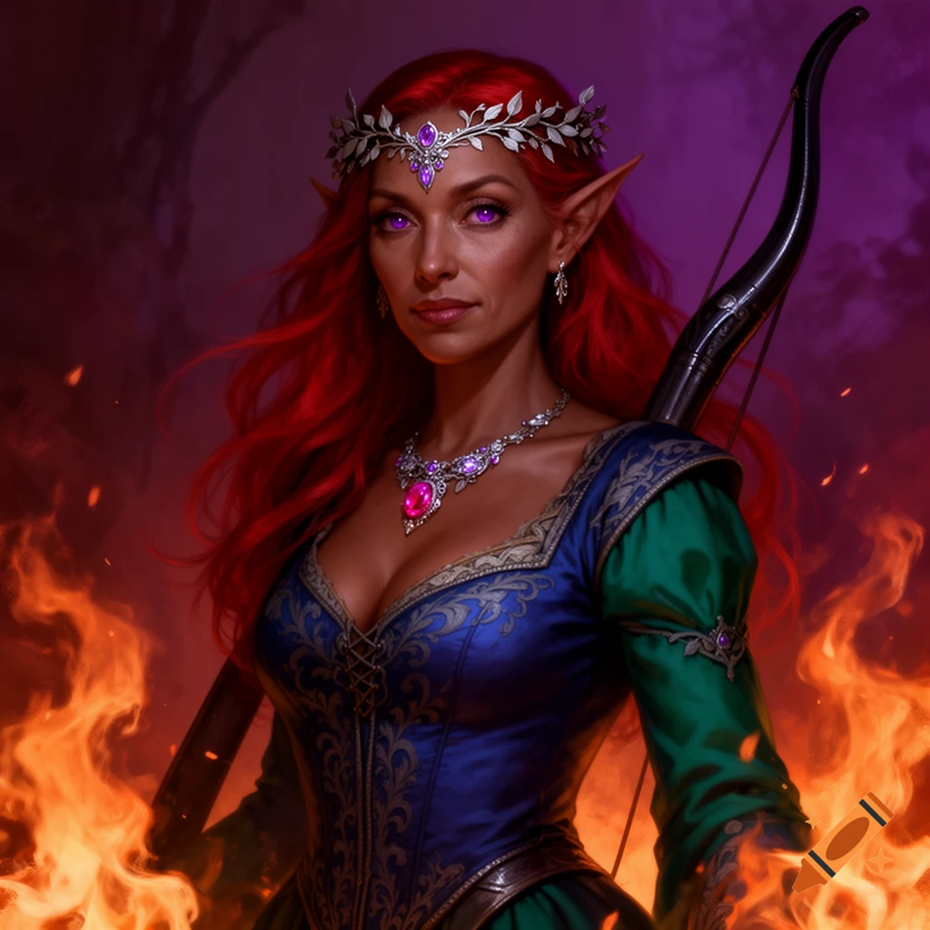Photorealistic portrait of a red-haired elf woman with purple eyes, wearing a crown, medieval dress, ruby necklace, and bow, surrounded by flames.