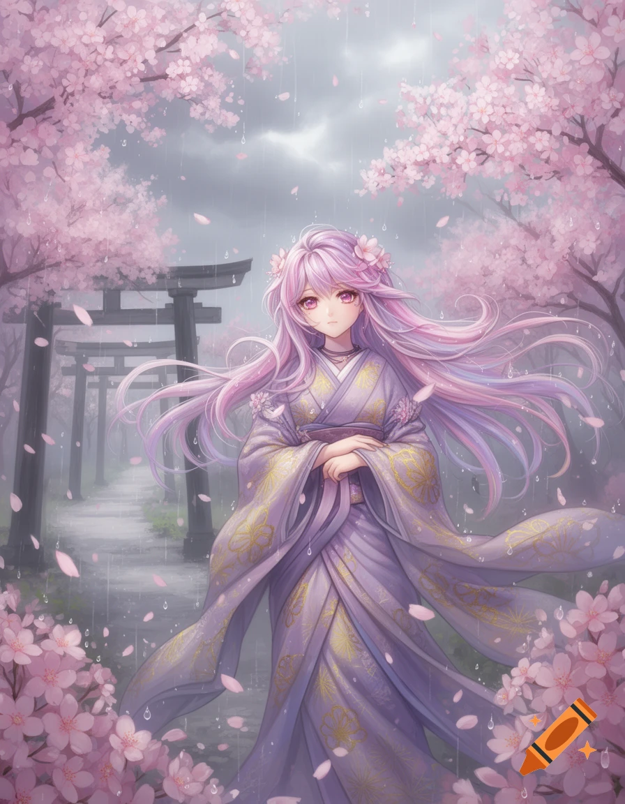 Anime girl with long pink hair in a lavender kimono, standing amidst ...