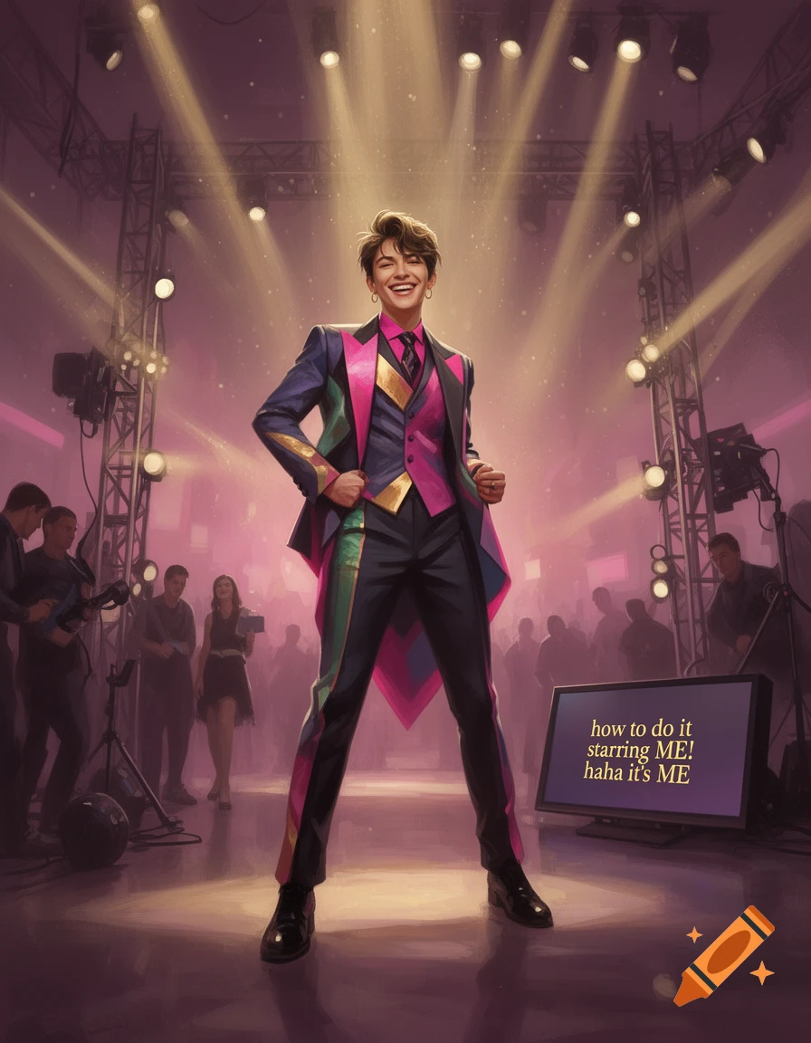 An illustration of a smiling person in a vibrant suit standing on a brightly lit stage with a screen displaying text.