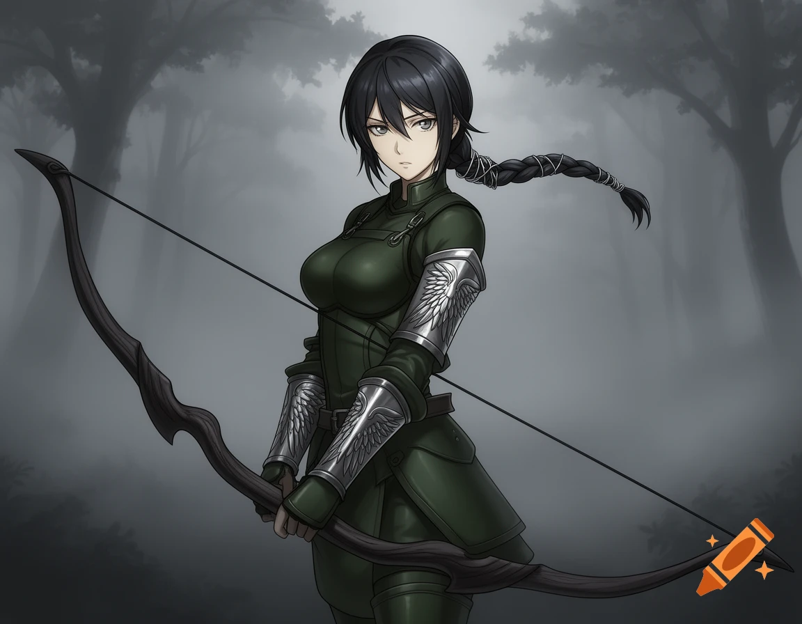 A dark-haired anime-style archer in green armor, holding a large recurve bow in a misty forest.