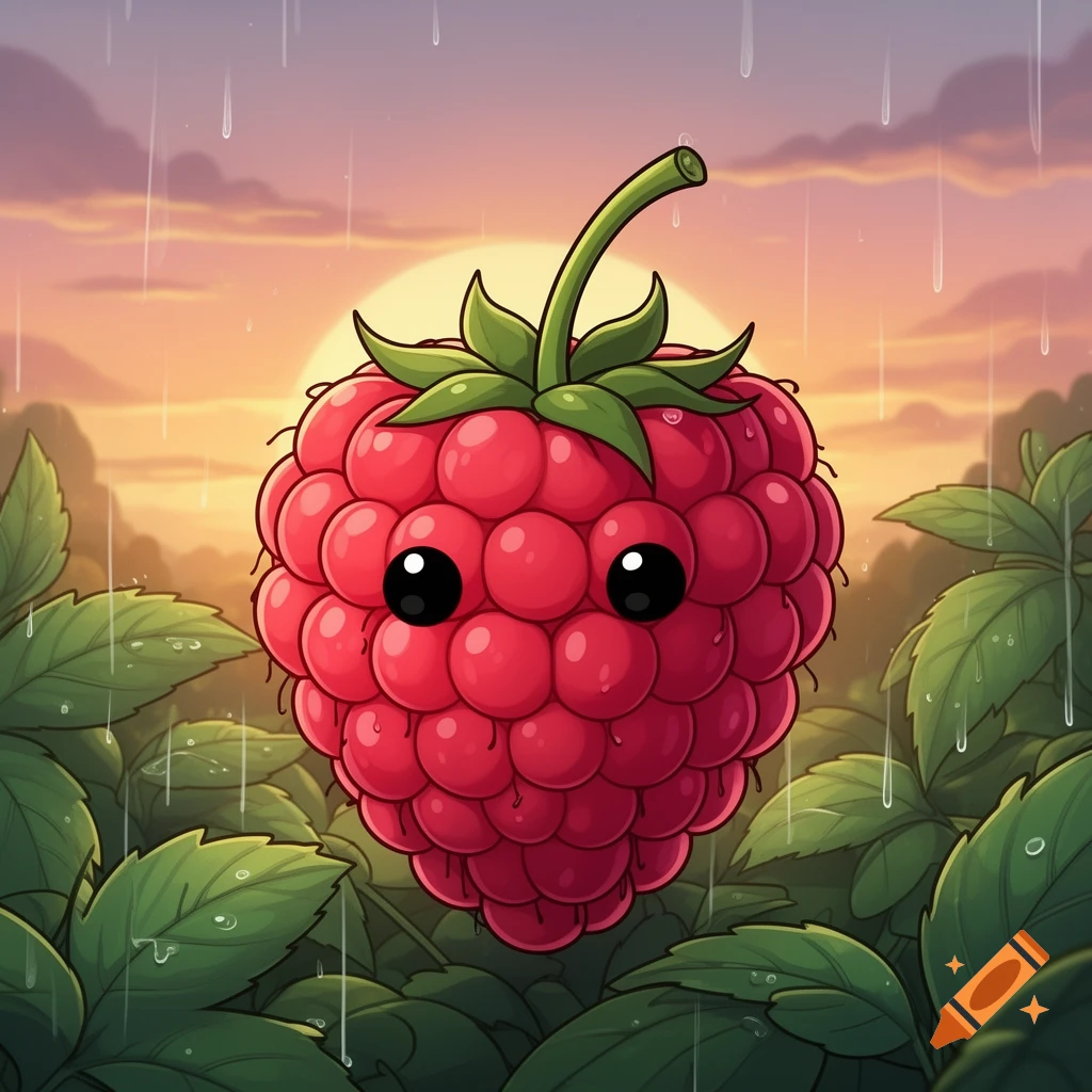 Raspberry Bizarre An anthropomorphic raspberry with big black eyes floats in a field of ...