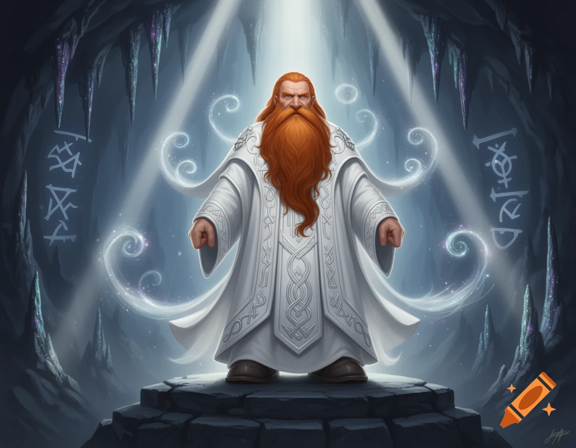 A red-bearded dwarven priest in white robes stands on a stone platform in a glowing ice cave, surrounded by magical wisps and runes.