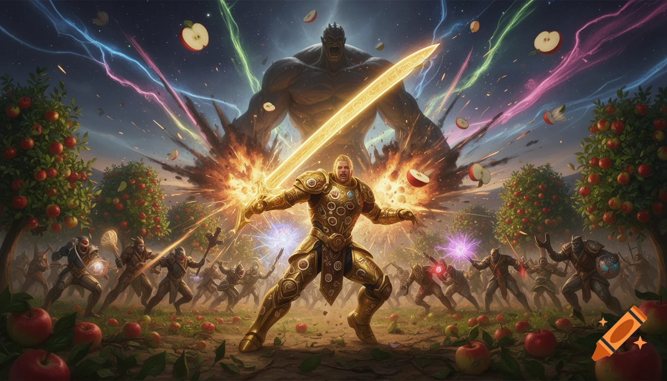 A muscular hero in golden armor with a glowing sword leads an army against a towering monster in a cosmic apple orchard battle. Epic fantasy.