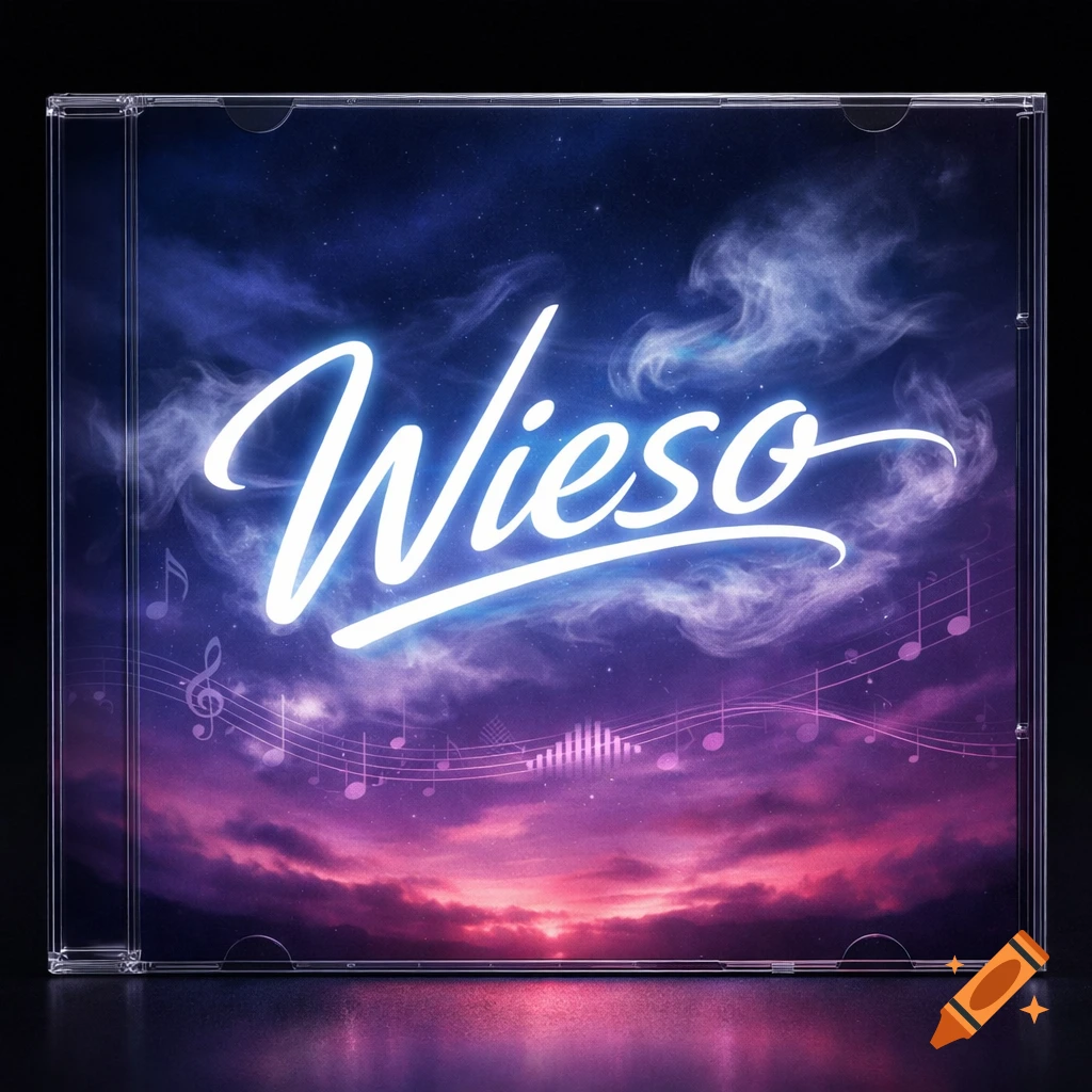 A glowing 'Wieso' text on a vibrant purple and blue starry sky CD album cover with musical notes.
