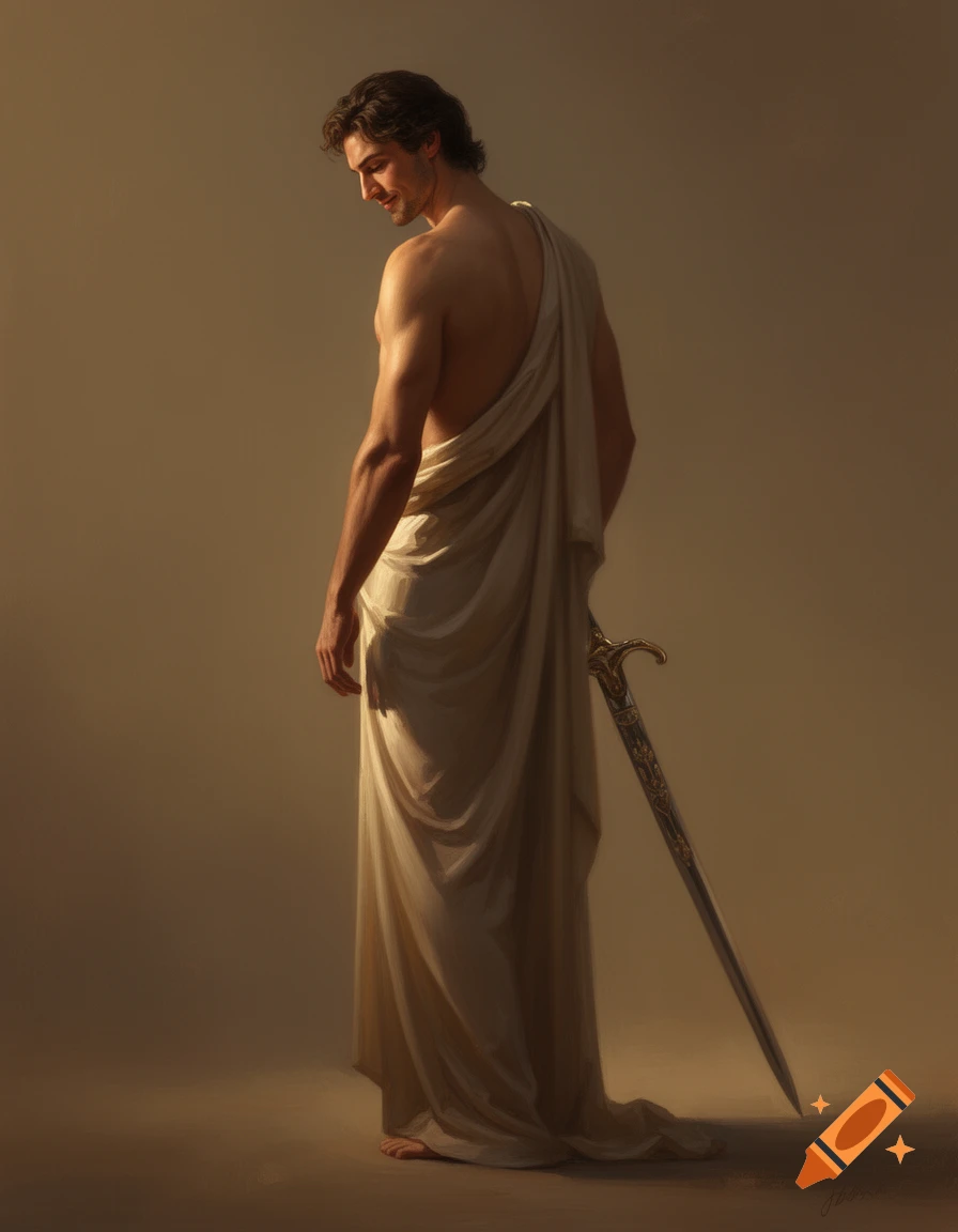 Artistic painting of a muscular man in a toga holding a long sword, looking down with a subtle smile.
