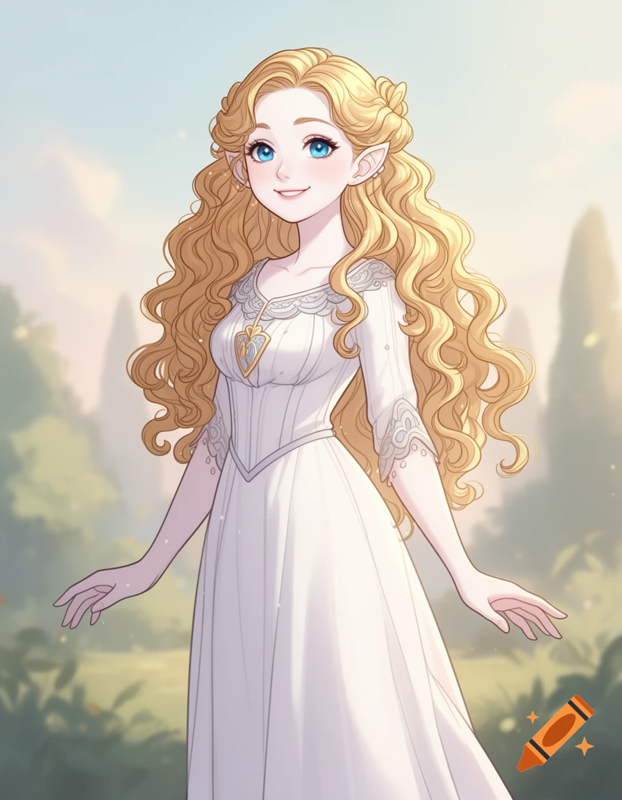 A smiling blonde elf girl with blue eyes and long curly hair wears a ...