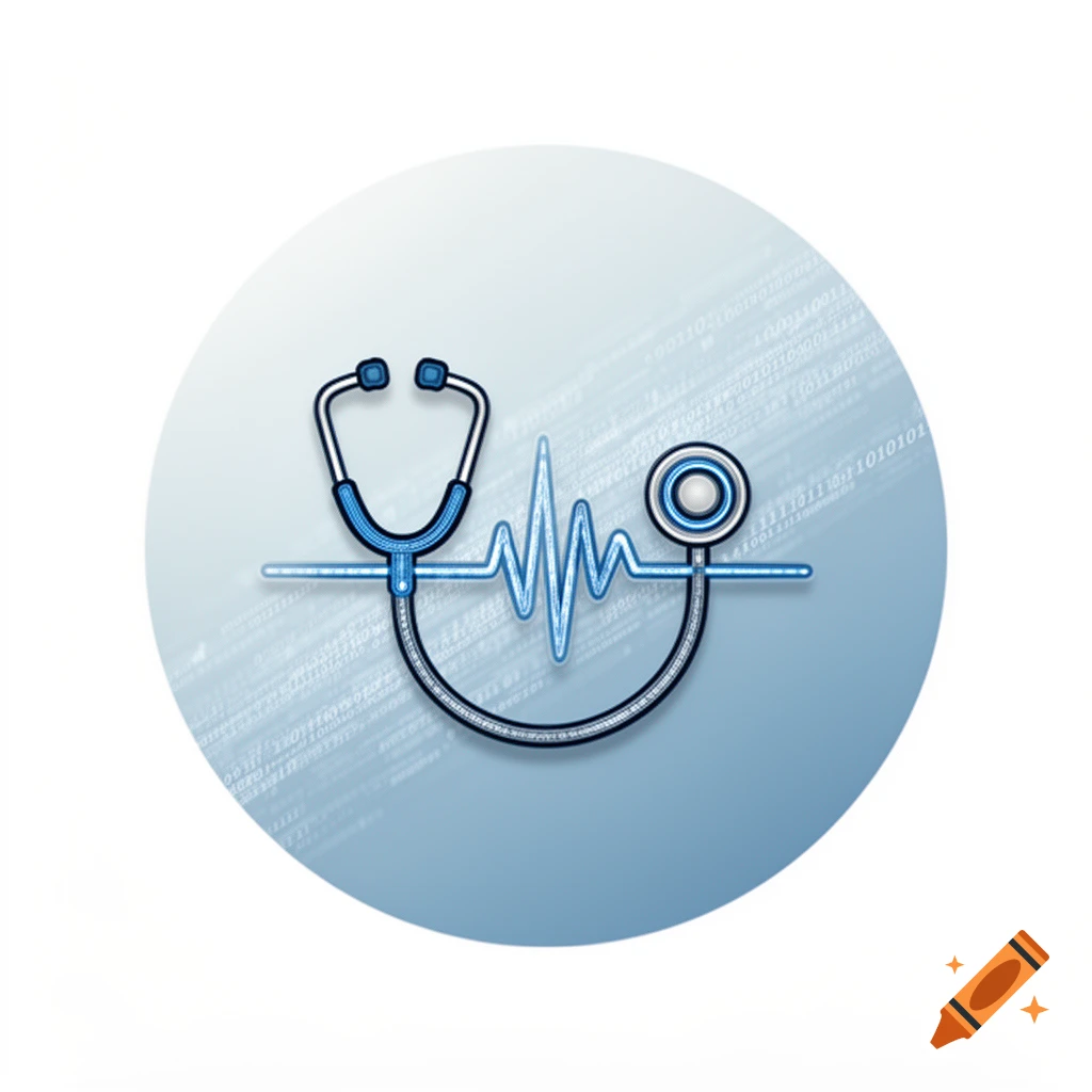 A stylized icon showing a black and blue stethoscope with a blue heart rate line, against a faint binary code background within a light blue circle.