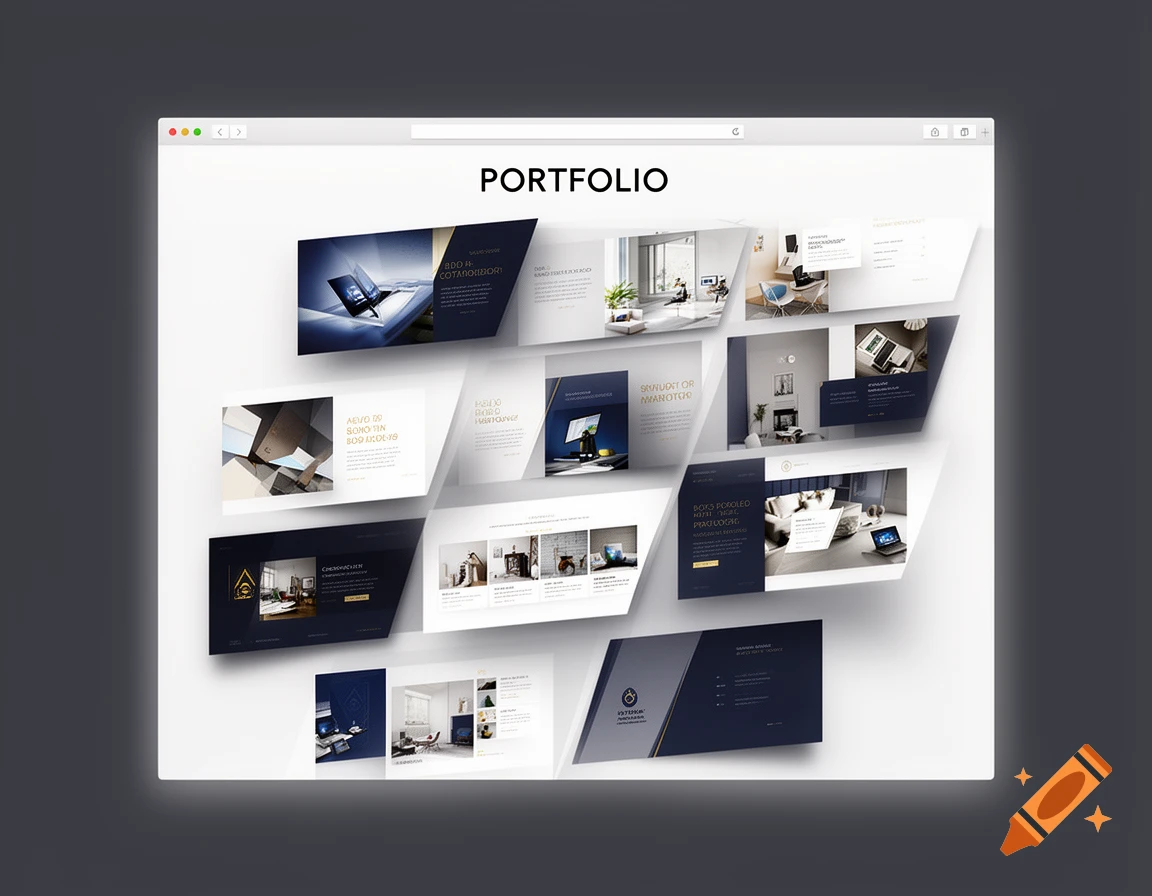 A web browser window displays a digital portfolio website showcasing various overlapping dark blue and white website design mock-ups.