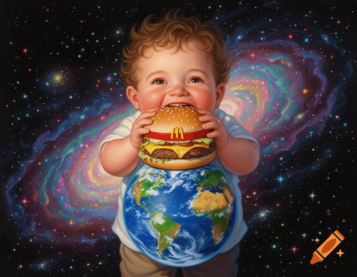 A smiling baby eats a giant hamburger with the Earth as its belly, set against a vibrant galaxy full of stars.