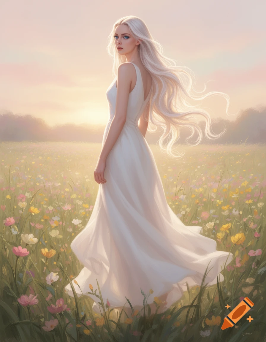 A blonde woman in a flowing white dress stands in a colorful flower ...