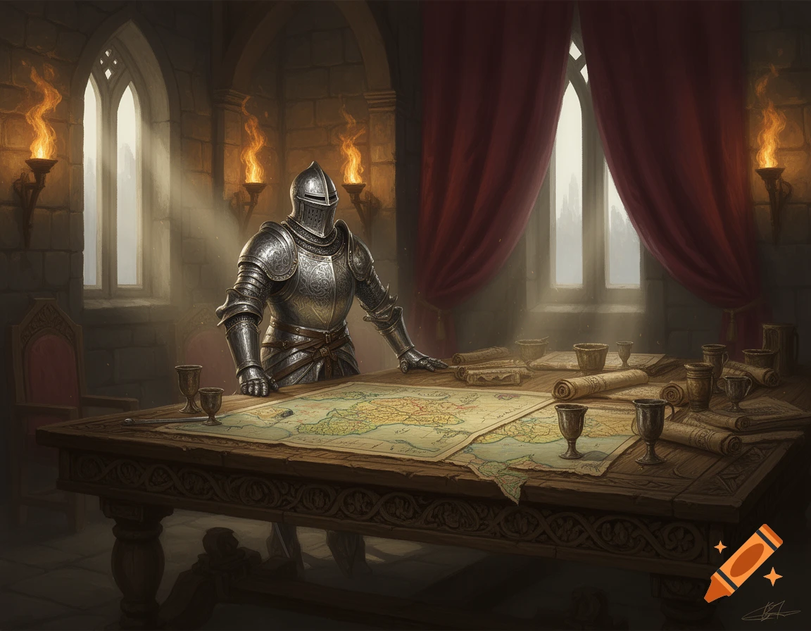 A knight in gleaming armor stands over a detailed map laid out on a large wooden table in a dimly lit castle room.