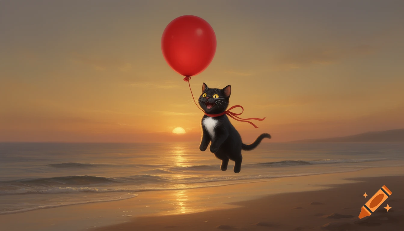 A happy black cat with yellow eyes floats with a red balloon over a calm beach at sunset in a digital painting.