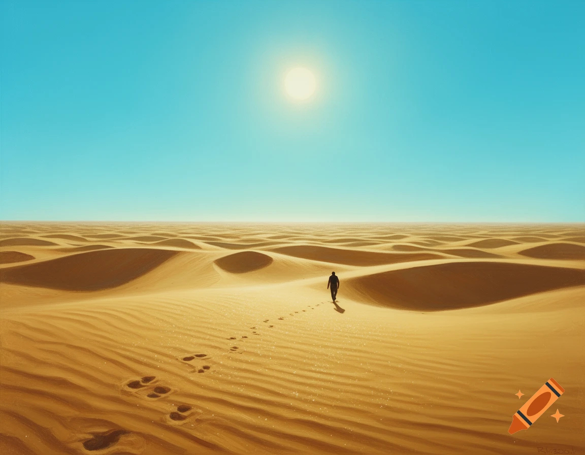 A lone figure walks across a vast, sunlit desert with rolling sand ...