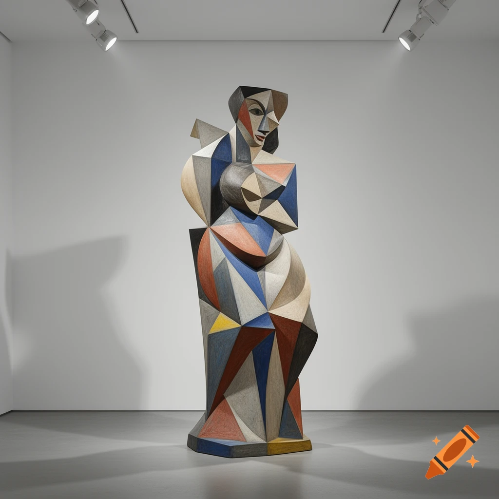 Colorful cubist sculpture of a figure in a minimalist art gallery under spotlights.