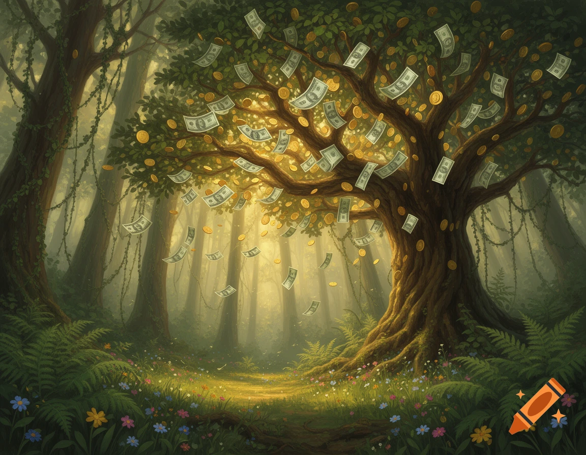 A lush, sun-dappled fantasy forest features a large money tree with banknotes and gold coins falling from its branches, surrounded by wildflowers.