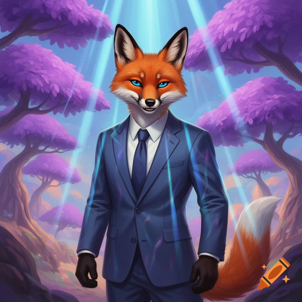 An anthropomorphic fox in a blue suit stands in a fantasy landscape with purple trees and glowing light rays, digital art.