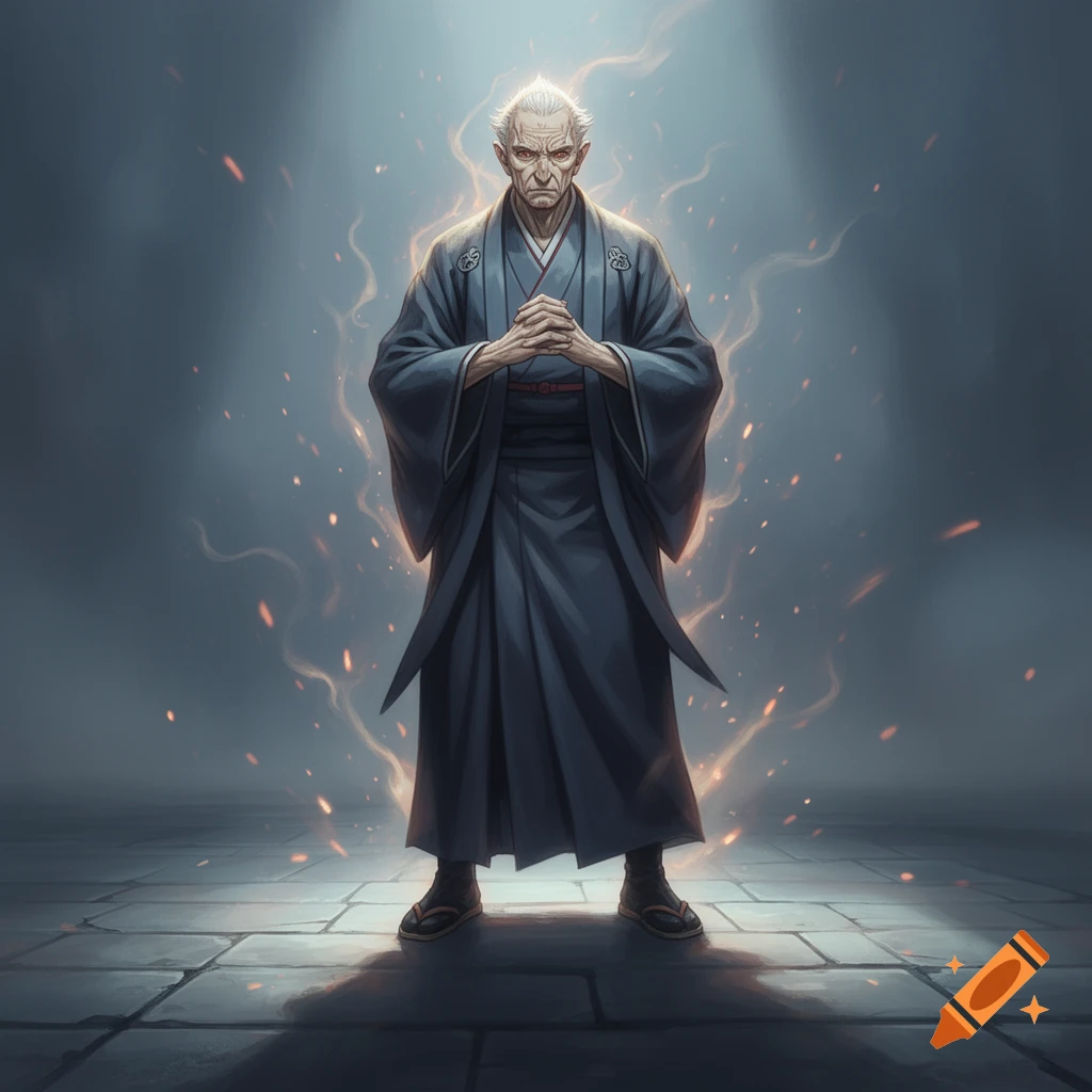 An old man with white hair and red eyes, wearing a dark robe, stands ...