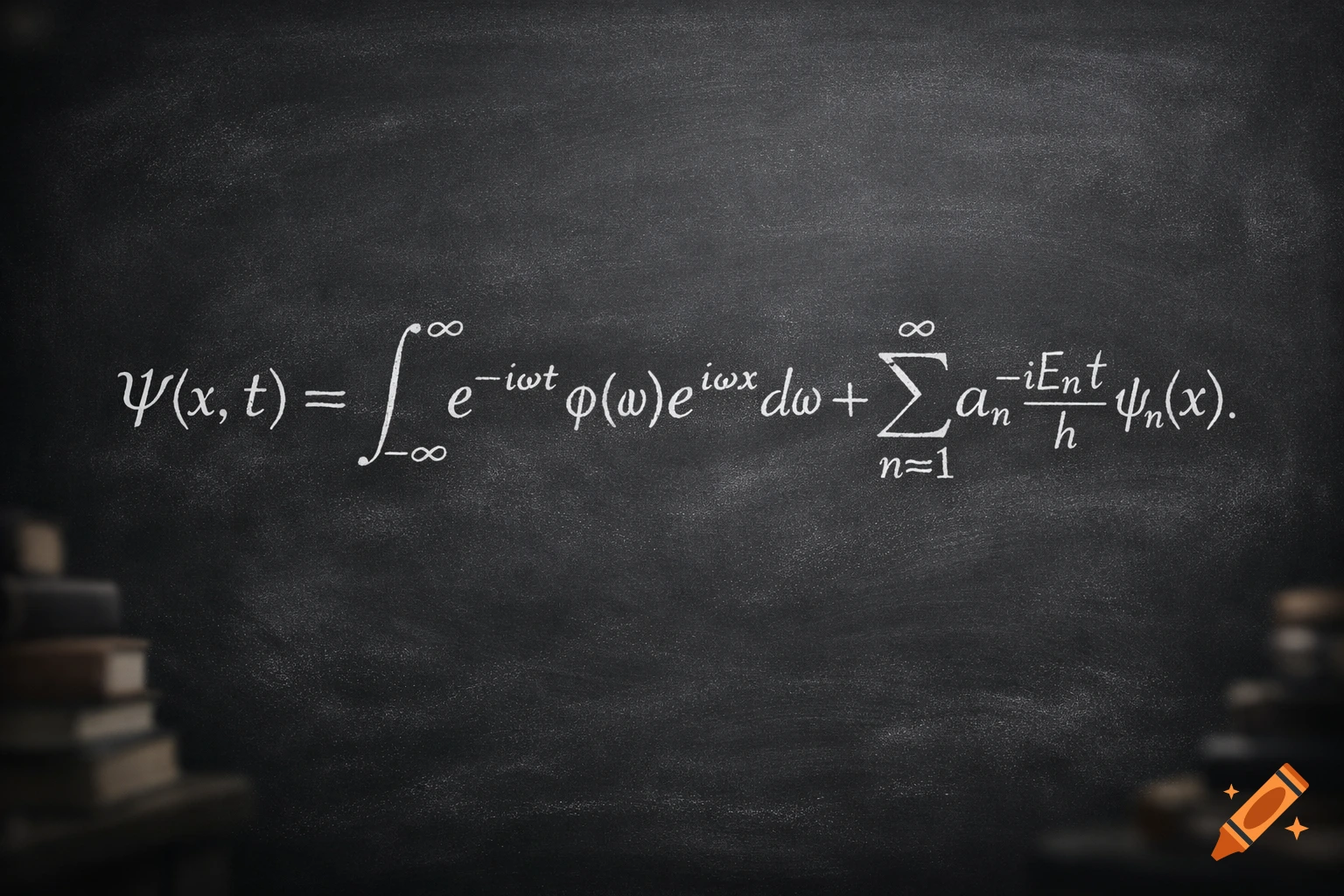 A complex quantum mechanics equation written in white chalk on a dark blackboard, with blurred books on the sides.