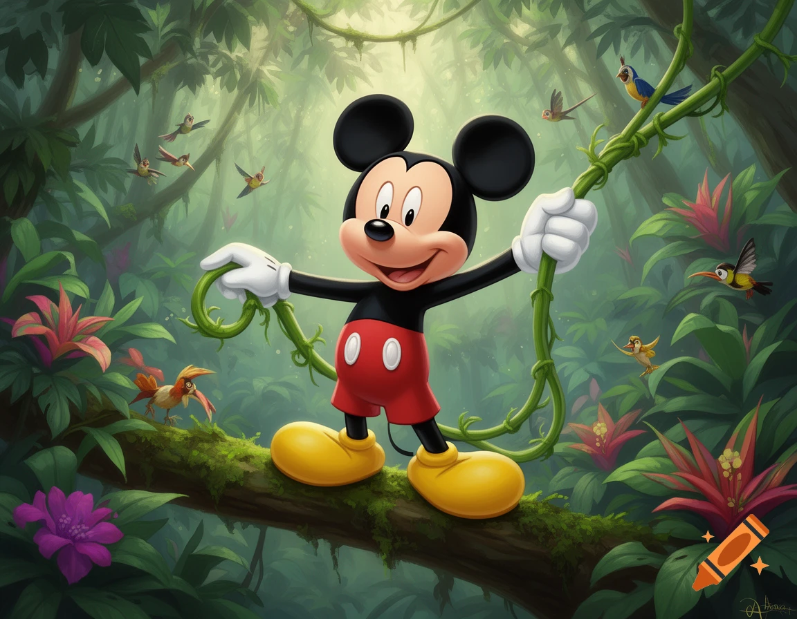 Cartoon Mickey Mouse stands on a tree limb, holding a jungle vine in a vibrant, lush jungle with colorful birds and plants.