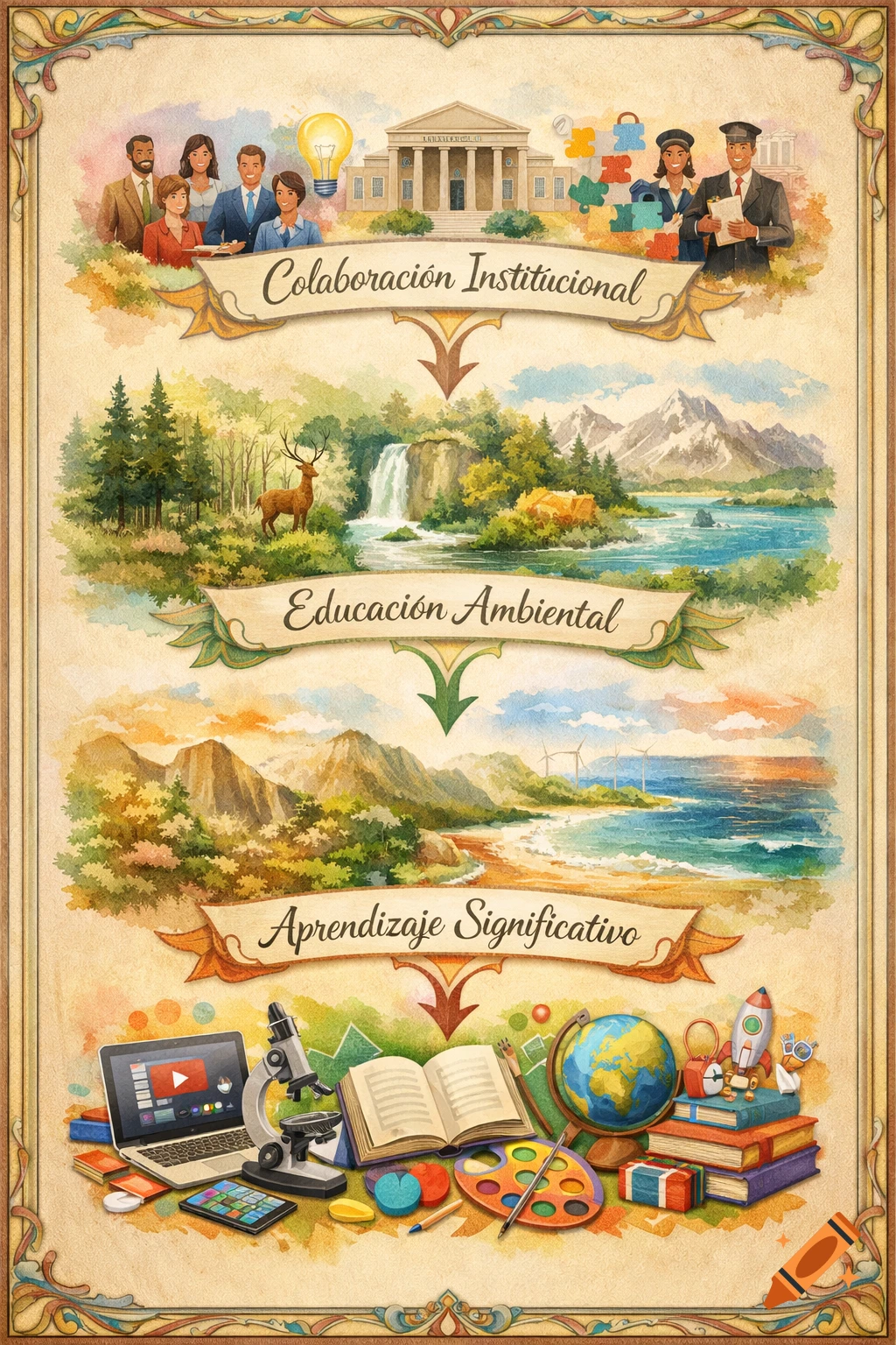 Watercolor diagram illustrating 'Institutional Collaboration', 'Environmental Education', and 'Significant Learning' with diverse scenes and objects.