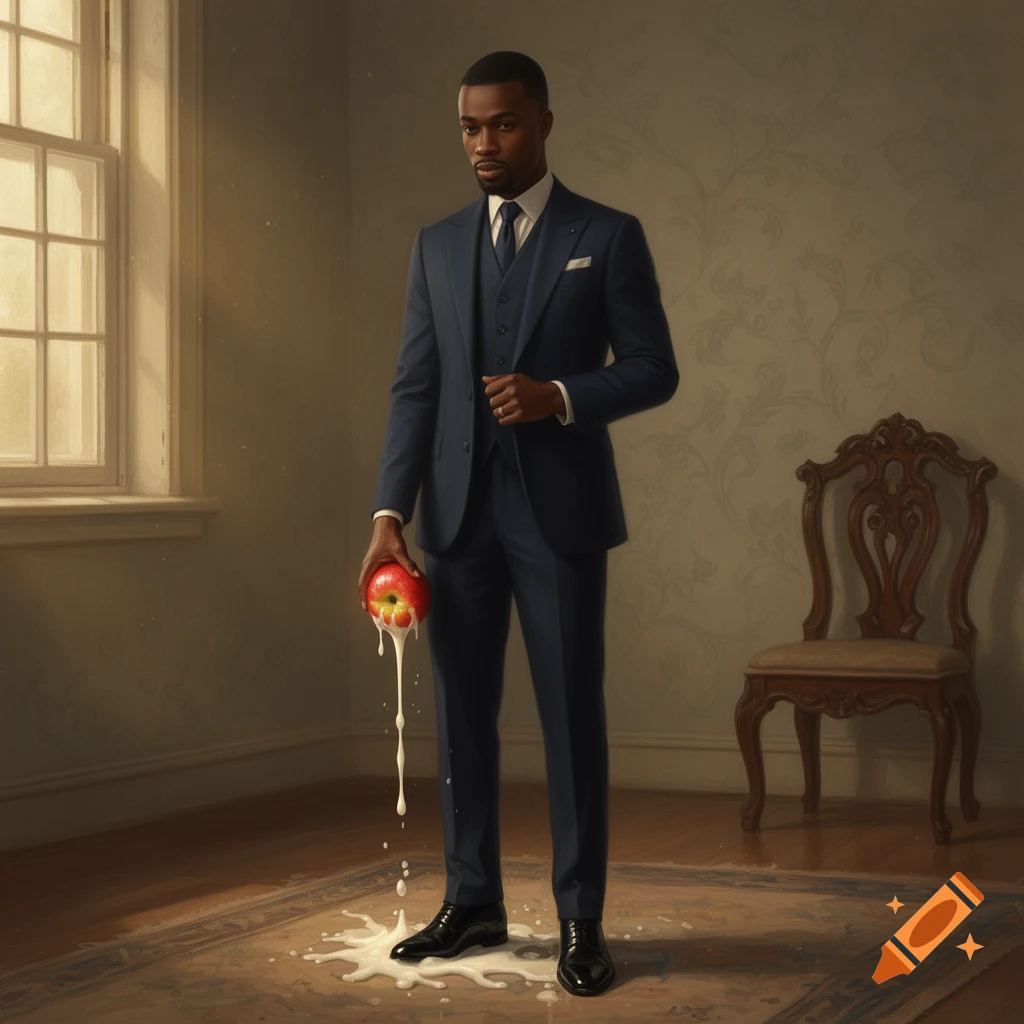 A photorealistic image of a Black man in a navy suit holding an upside-down apple, with white liquid dripping onto his black shoes and the rug.