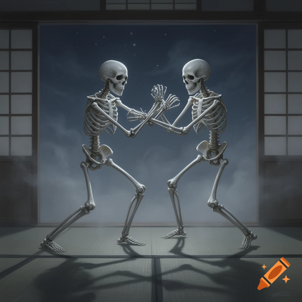 Two skeletons interlock hands in a martial arts stance, silhouetted against a cloudy night sky seen through shoji screens.