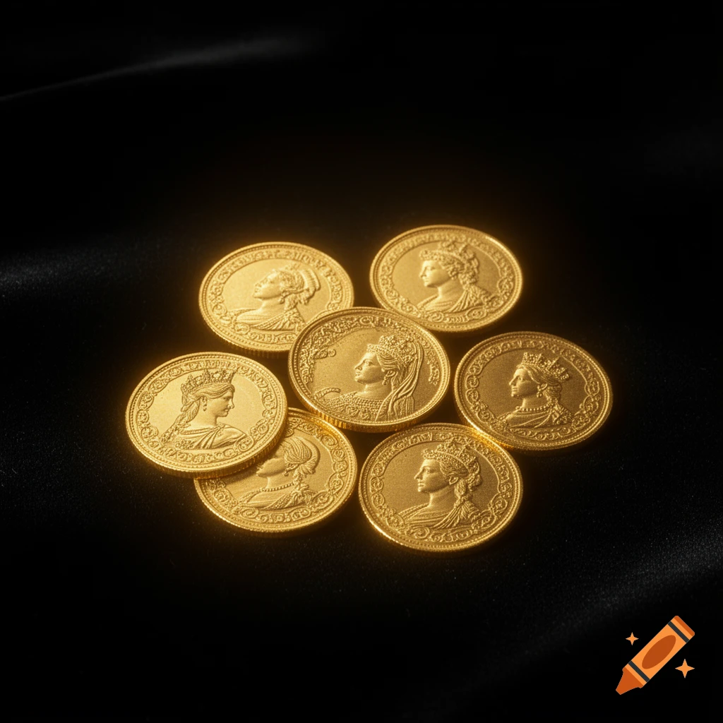 Close-up of several shining gold coins, each featuring the detailed profile of a crowned queen, resting on a dark, luxurious fabric.