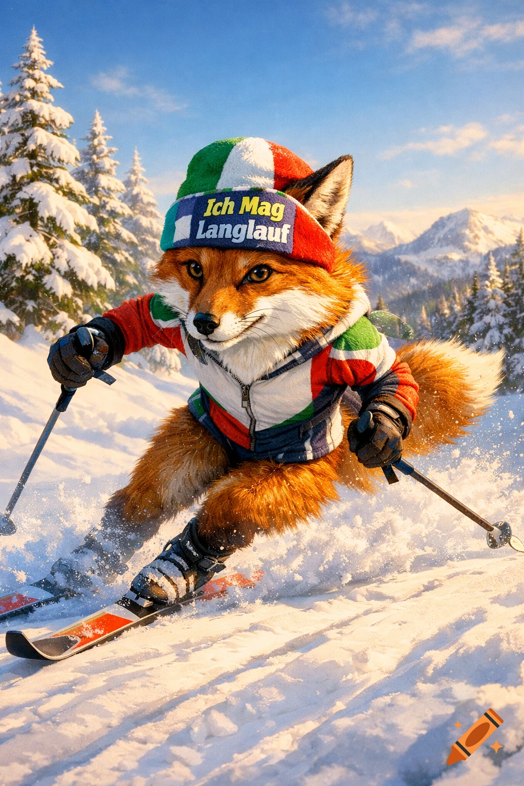 An anthropomorphic fox wearing a colorful ski hat and gear skis down a snowy mountain slope with pine trees.