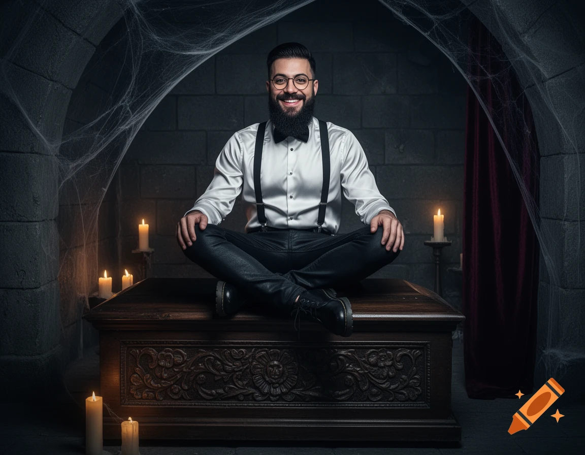 A friendly smiling vampire with a beard and glasses sits cross-legged on a coffin in a spiderweb-filled crypt, lit by candles.