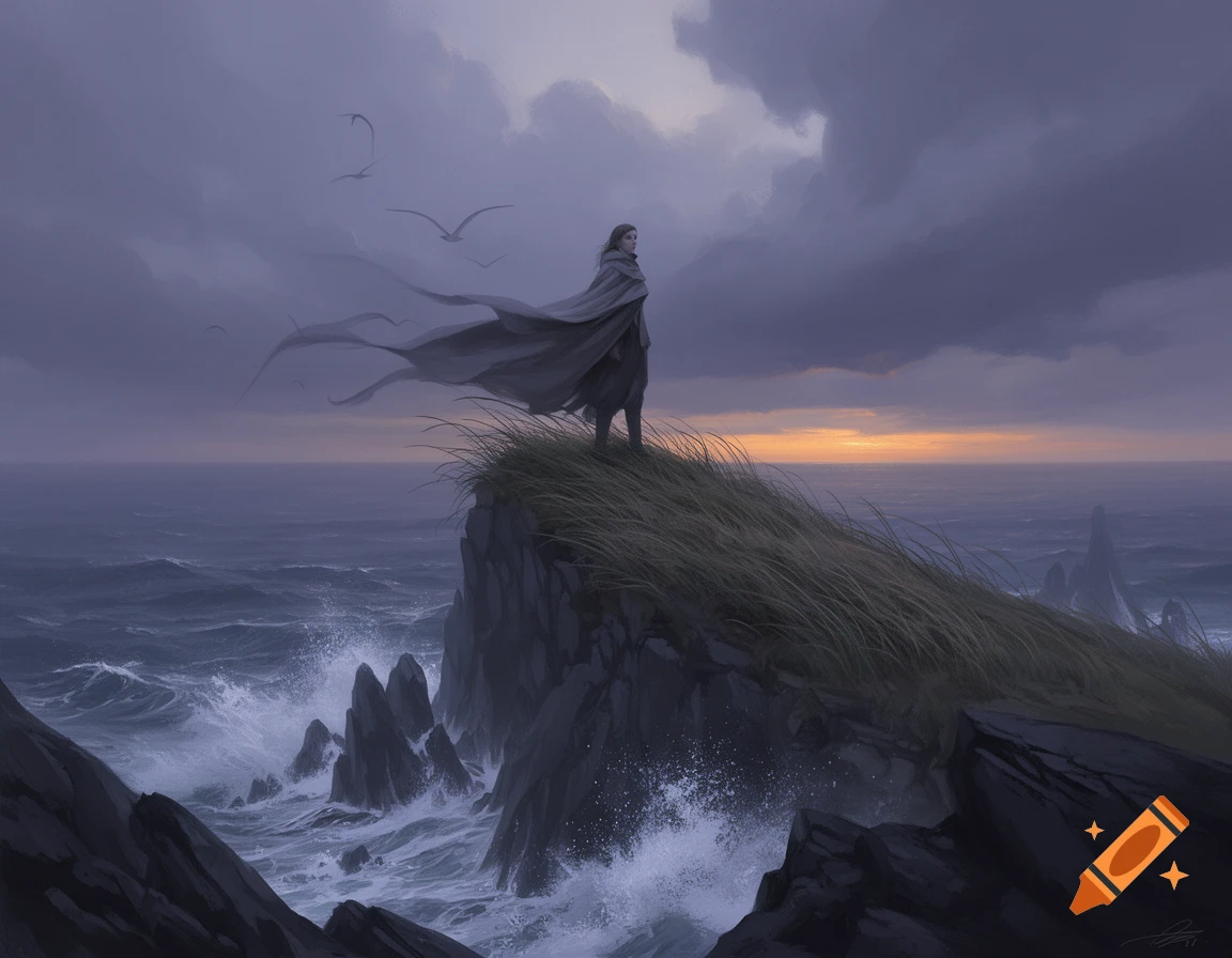 Digital painting of a cloaked figure on a grassy cliff overlooking a stormy ocean at sunset under dramatic clouds.