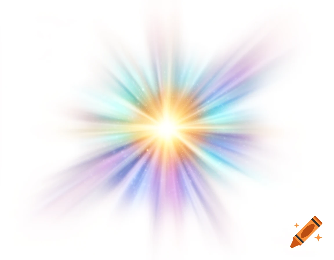 A vibrant, colorful light burst with rays of yellow, orange, blue, and purple radiating from the center on a white background.