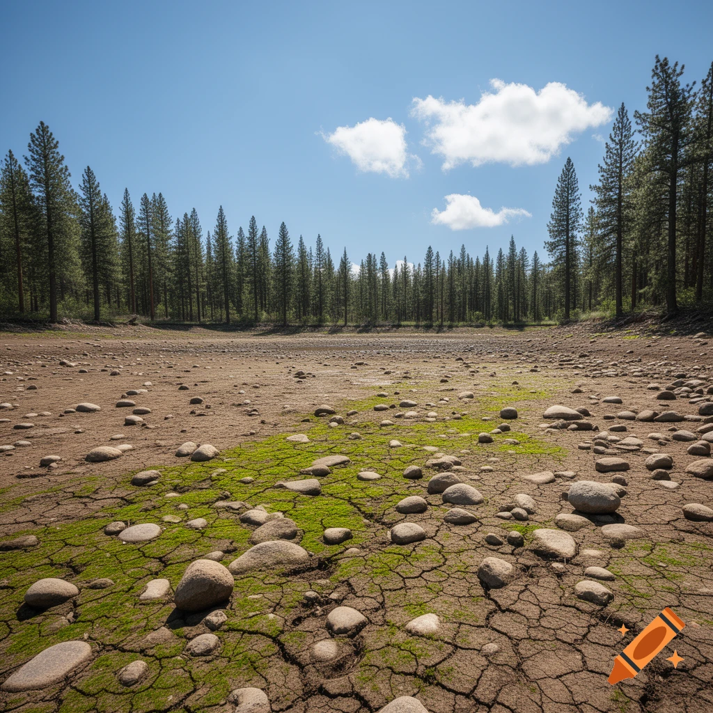 A photorealistic image of a dry, cracked lake bed with scattered rocks and green moss under a blue sky, surrounded by pine trees.