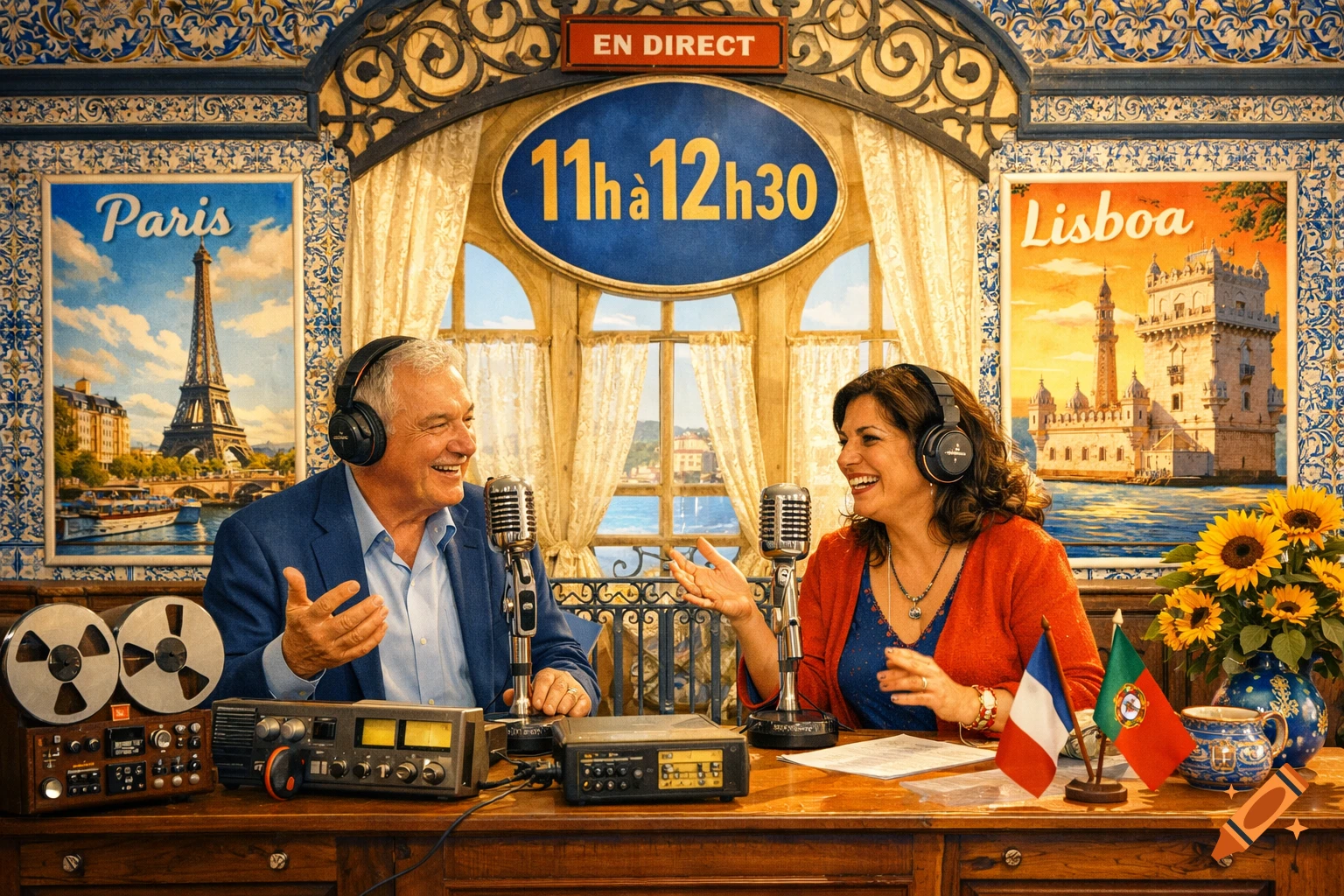 A smiling man and woman wearing headphones host a Franco-Portuguese radio show, seated at a desk with microphones, vintage recording equipment, and flags against a vibrant, tiled backdrop with Paris and Lisbon posters.